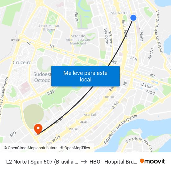 L2 Norte | Sgan 607 (Brasília Medical Center / Cean) to HBO - Hospital Brasileiro De Olhos map