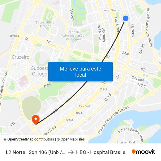 L2 Norte | Sqn 406 (Unb / Odonto Hub) to HBO - Hospital Brasileiro De Olhos map