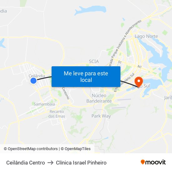 Ceilândia Centro to Clínica Israel Pinheiro map