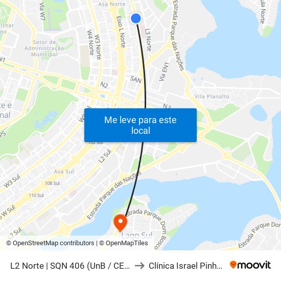 L2 Norte | SQN 406 (UnB / CEAN) to Clínica Israel Pinheiro map