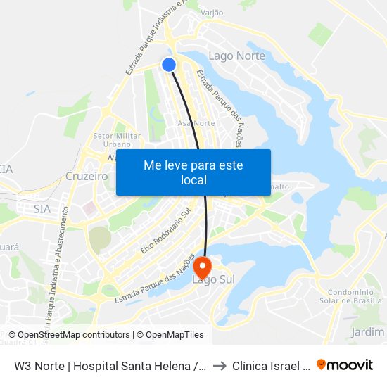 W3 Norte | Hospital Santa Helena / Santa Lúcia Norte to Clínica Israel Pinheiro map