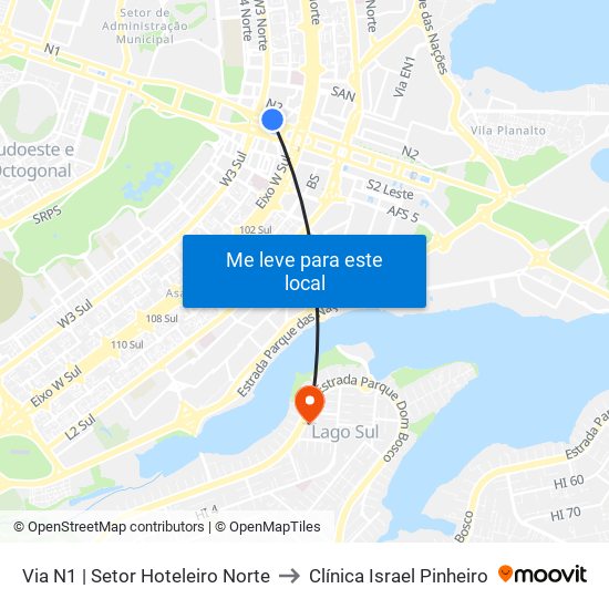 Via N1 | Setor Hoteleiro Norte to Clínica Israel Pinheiro map