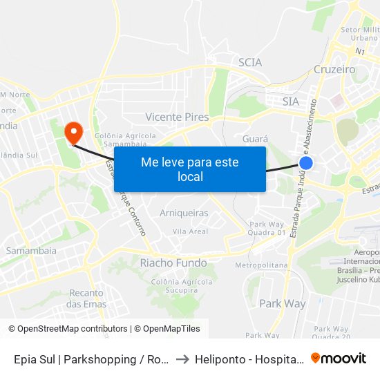 Epia Sul | Parkshopping / Rod. Interestadual / Assaí to Heliponto - Hospital Anchieta - SJDF map