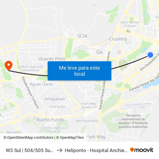 W3 Sul | 504/505 Sul (Sesc) to Heliponto - Hospital Anchieta - SJDF map