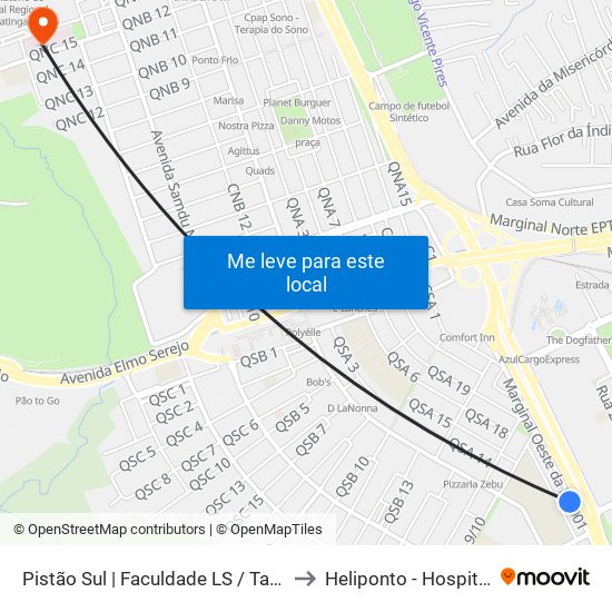 Pistão Sul | Faculdade Ls / Taguatinga Shopping / Cobasi to Heliponto - Hospital Anchieta - SJDF map