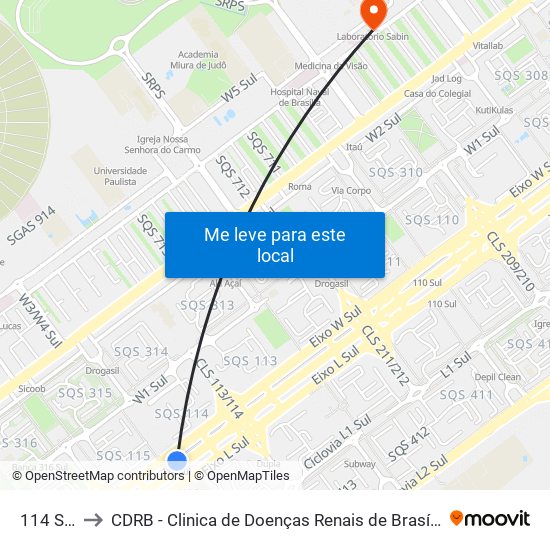 114 Sul to CDRB - Clinica de Doenças Renais de Brasília map
