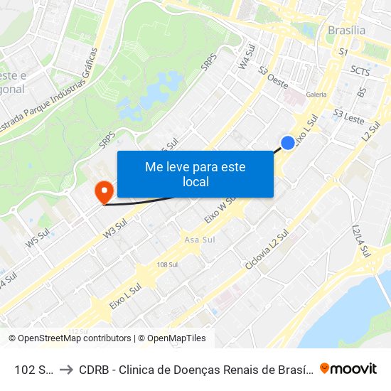 102 Sul to CDRB - Clinica de Doenças Renais de Brasília map