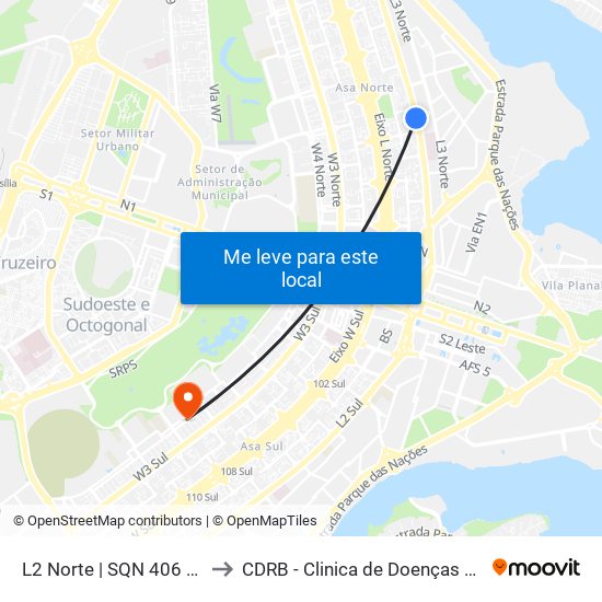 L2 Norte | SQN 406 (UnB / CEAN) to CDRB - Clinica de Doenças Renais de Brasília map