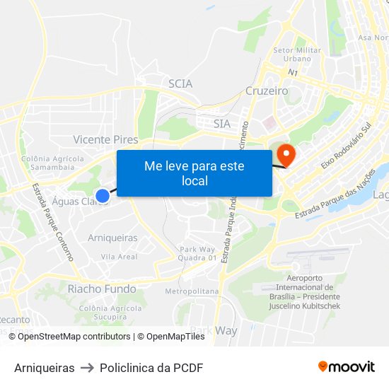 Arniqueiras to Policlinica da PCDF map