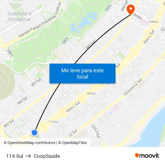114 Sul to CoopSaúde map