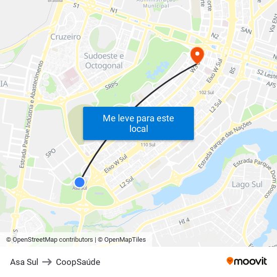 Asa Sul to CoopSaúde map