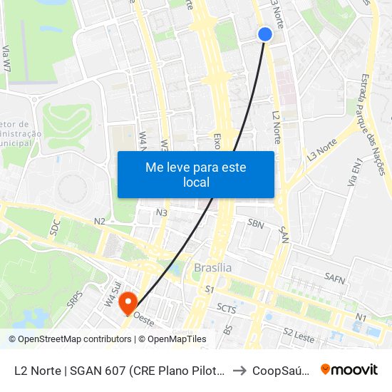 L2 Norte | Sgan 607 (Brasília Medical Center / Cean) to CoopSaúde map