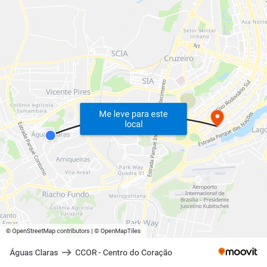 Águas Claras to CCOR - Centro do Coração map