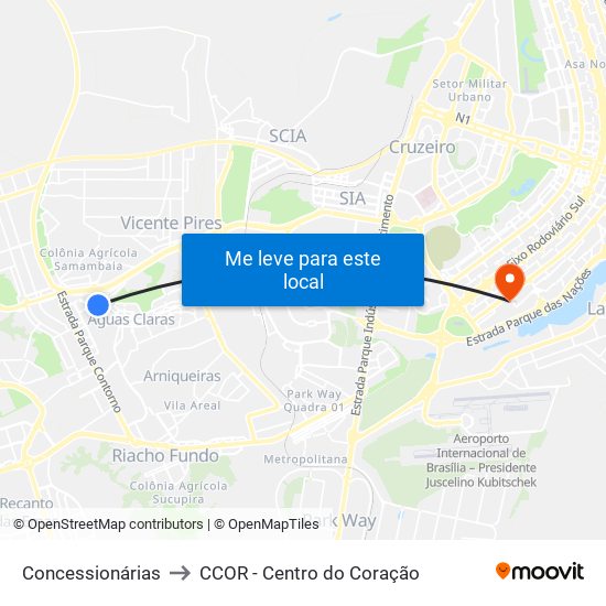 Concessionárias to CCOR - Centro do Coração map