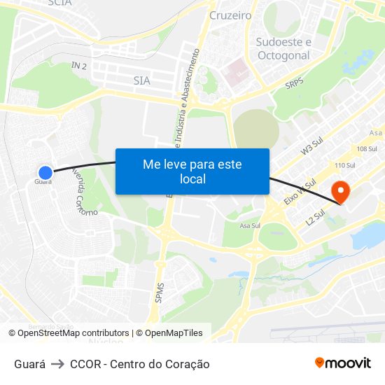 Guará to CCOR - Centro do Coração map
