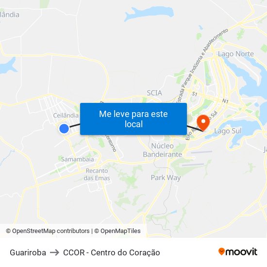 Guariroba to CCOR - Centro do Coração map