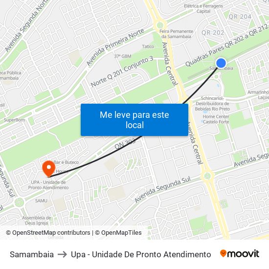 Samambaia to Upa - Unidade De Pronto Atendimento map