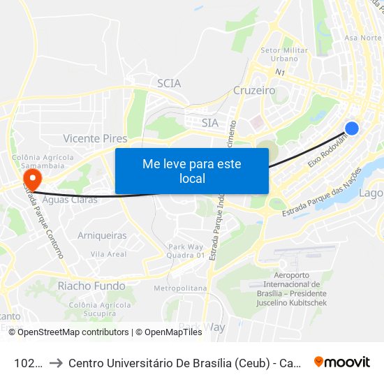 102 Sul to Centro Universitário De Brasília (Ceub) - Campus Taguatinga map