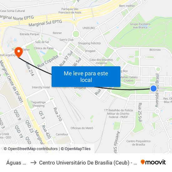 Águas Claras to Centro Universitário De Brasília (Ceub) - Campus Taguatinga map