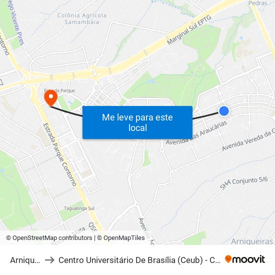 Arniqueiras to Centro Universitário De Brasília (Ceub) - Campus Taguatinga map