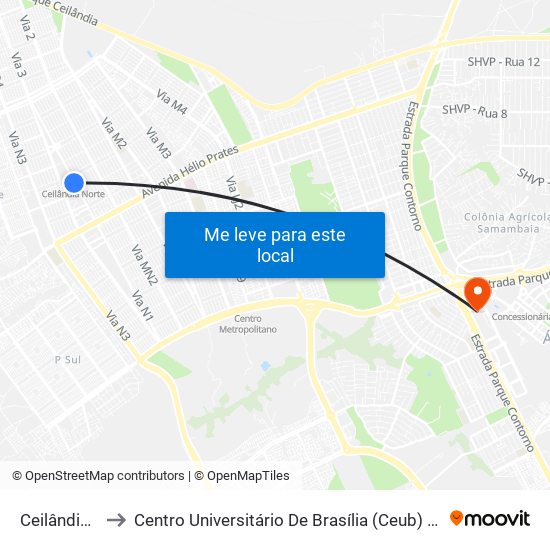 Ceilândia Norte to Centro Universitário De Brasília (Ceub) - Campus Taguatinga map