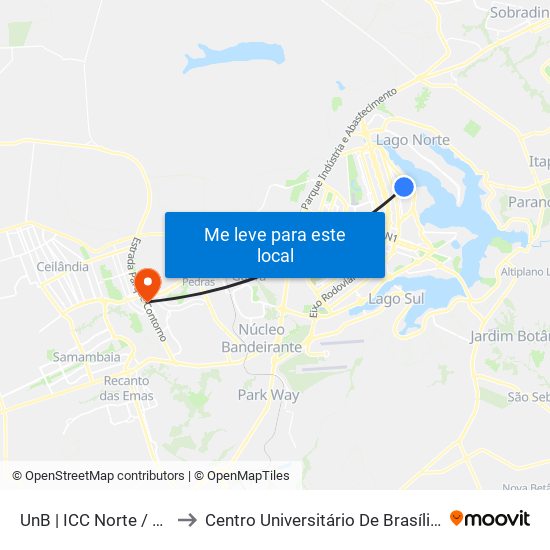 UnB | ICC Norte / Faculdade de Direito to Centro Universitário De Brasília (Ceub) - Campus Taguatinga map