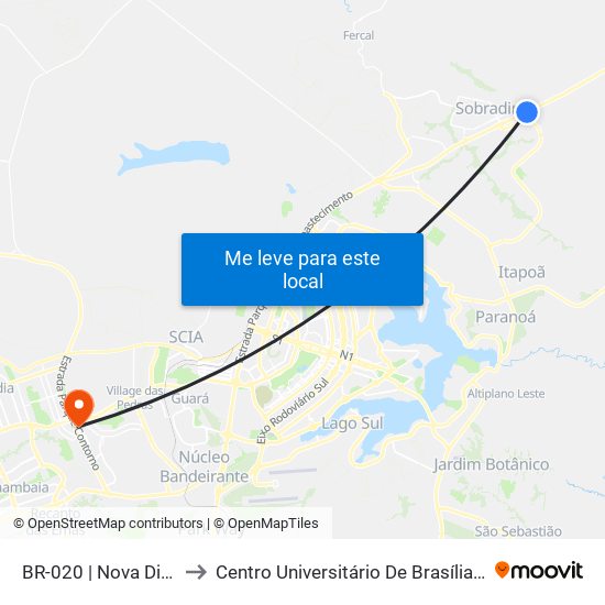 Br-020 | Nova Dignéia / Quadra 18 to Centro Universitário De Brasília (Ceub) - Campus Taguatinga map
