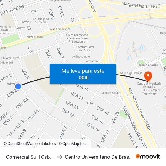 Comercial Sul | Csb 2 (Alameda Shopping) to Centro Universitário De Brasília (Ceub) - Campus Taguatinga map