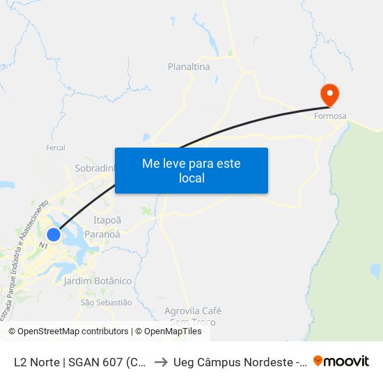 L2 Norte | Sgan 607 (Brasília Medical Center / Cean) to Ueg Câmpus Nordeste - Sede: Formosa map