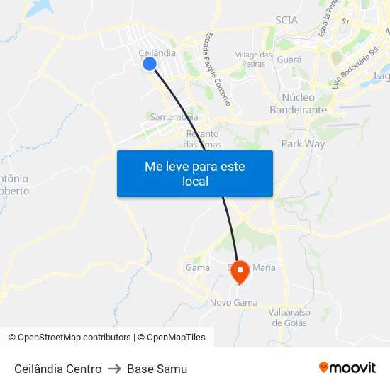 Ceilândia Centro to Base Samu map