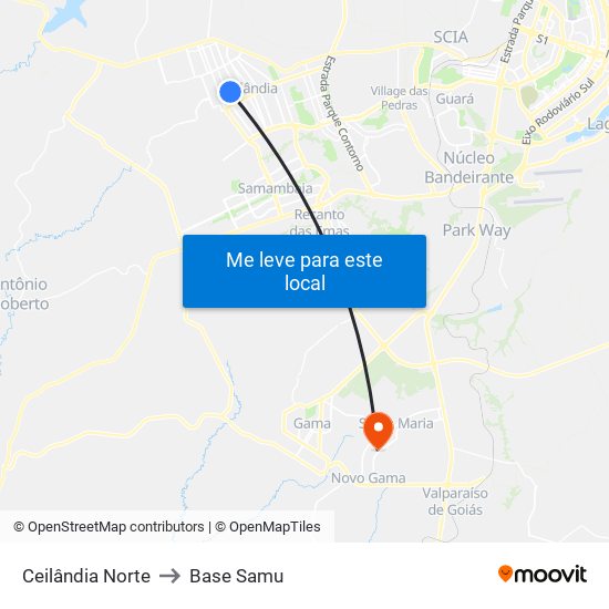 Ceilândia Norte to Base Samu map