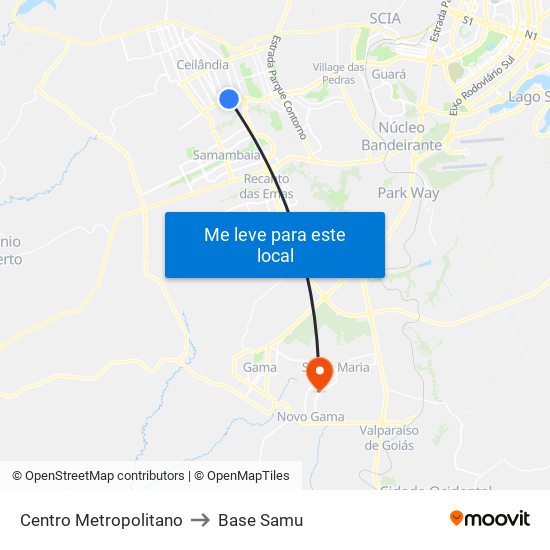 Centro Metropolitano to Base Samu map