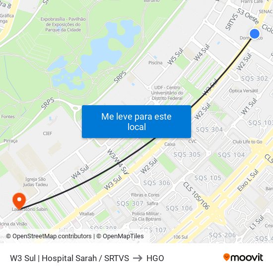 W3 Sul | Hospital Sarah / SRTVS to HGO map