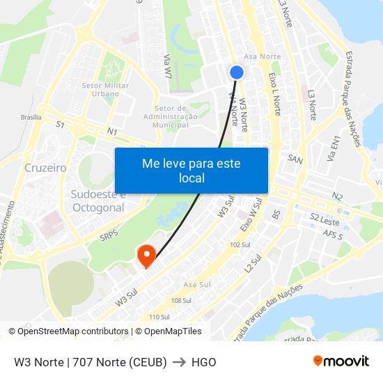 W3 Norte | 707 Norte (Ceub) to HGO map