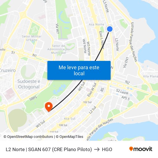 L2 Norte | Sgan 607 (Brasília Medical Center / Cean) to HGO map
