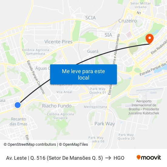 Av. Leste | Q. 516 (Setor De Mansões Q. 5) to HGO map