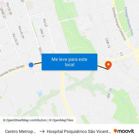 Centro Metropolitano to Hospital Psiquiátrico São Vicente De Paula map