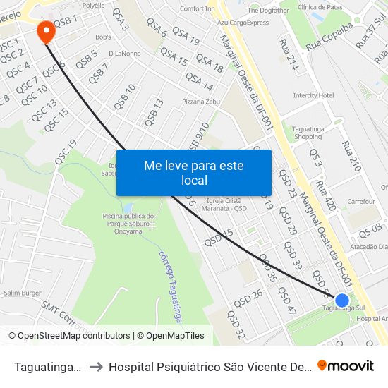 Taguatinga Sul to Hospital Psiquiátrico São Vicente De Paula map