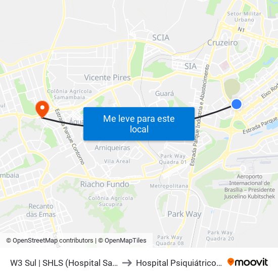 W3 Sul | Setor Hospitalar Local Sul (Pão De Açúcar) to Hospital Psiquiátrico São Vicente De Paula map