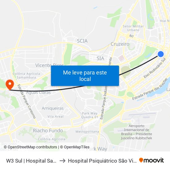 W3 Sul | Hospital Sarah / SRTVS to Hospital Psiquiátrico São Vicente De Paula map