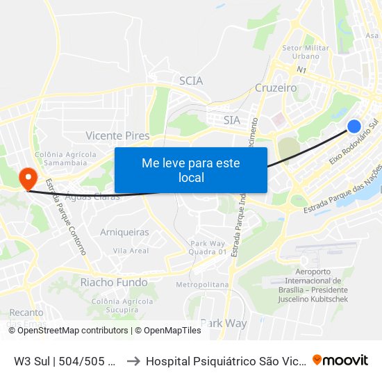 W3 Sul | 504/505 Sul (Sesc) to Hospital Psiquiátrico São Vicente De Paula map
