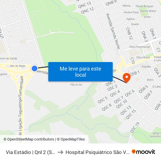 Via Estádio | Qnl 2 (Super Adega) to Hospital Psiquiátrico São Vicente De Paula map