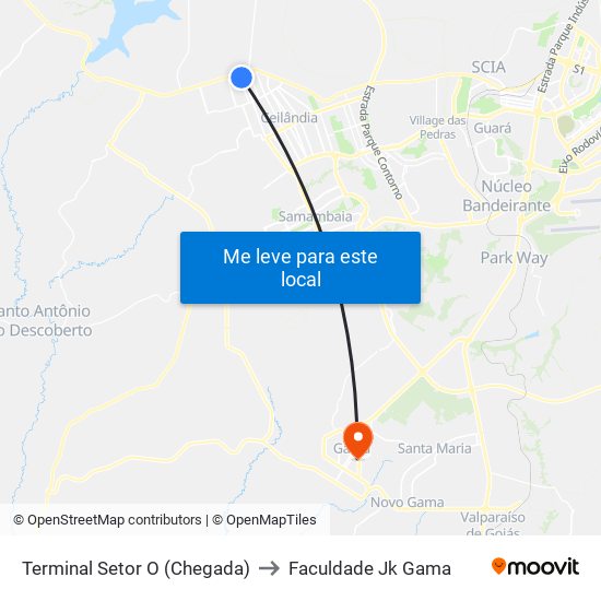 Terminal Setor O (Chegada) to Faculdade Jk Gama map