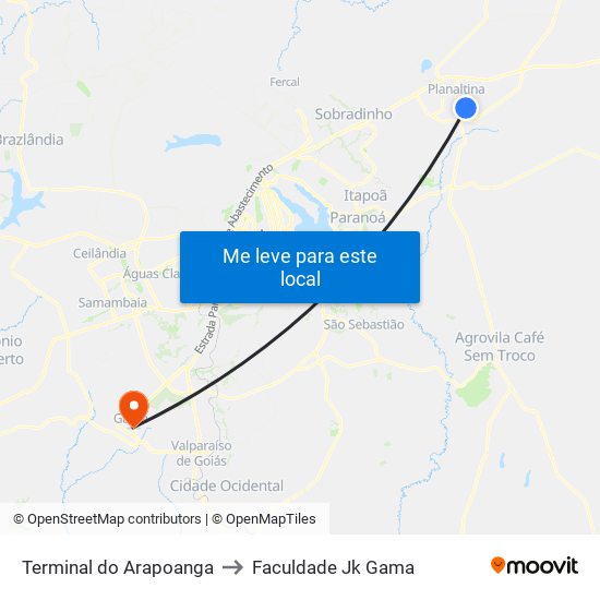 Terminal Do Arapoanga to Faculdade Jk Gama map