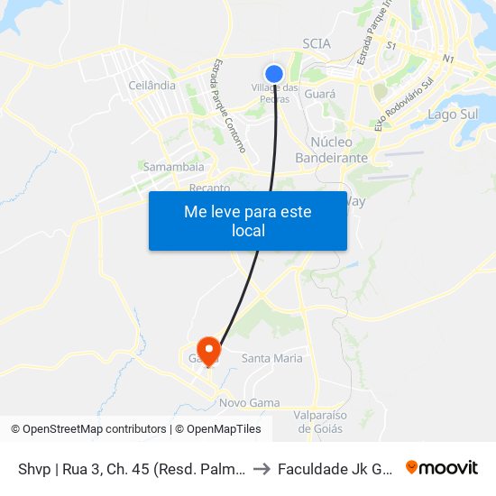 Shvp | Rua 3, Ch. 45 (Resd. Palmares) to Faculdade Jk Gama map