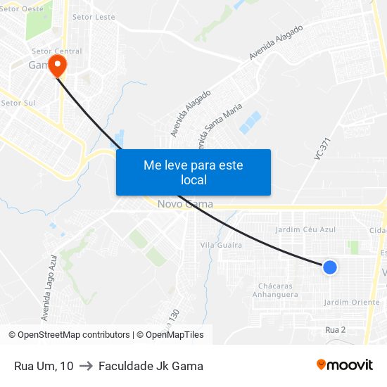 Rua Um, 10 to Faculdade Jk Gama map