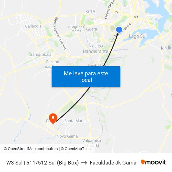 W3 Sul | 511/512 Sul (Big Box) to Faculdade Jk Gama map