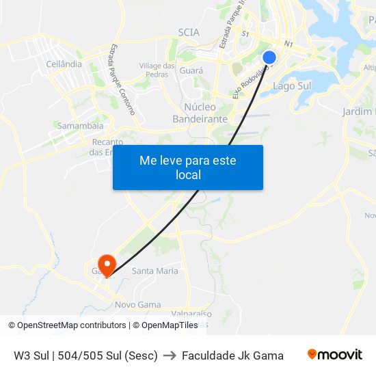 W3 Sul | 504/505 Sul (Sesc) to Faculdade Jk Gama map