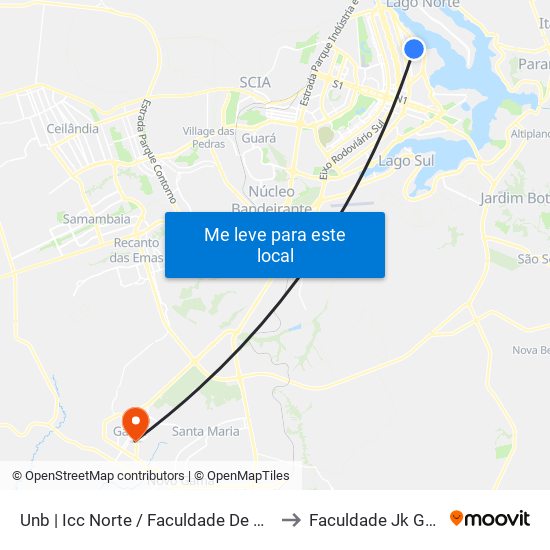 Unb | Icc Norte / Faculdade De Direito to Faculdade Jk Gama map