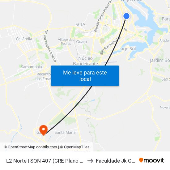 L2 Norte | SQN 407 (CRE Plano Piloto) to Faculdade Jk Gama map